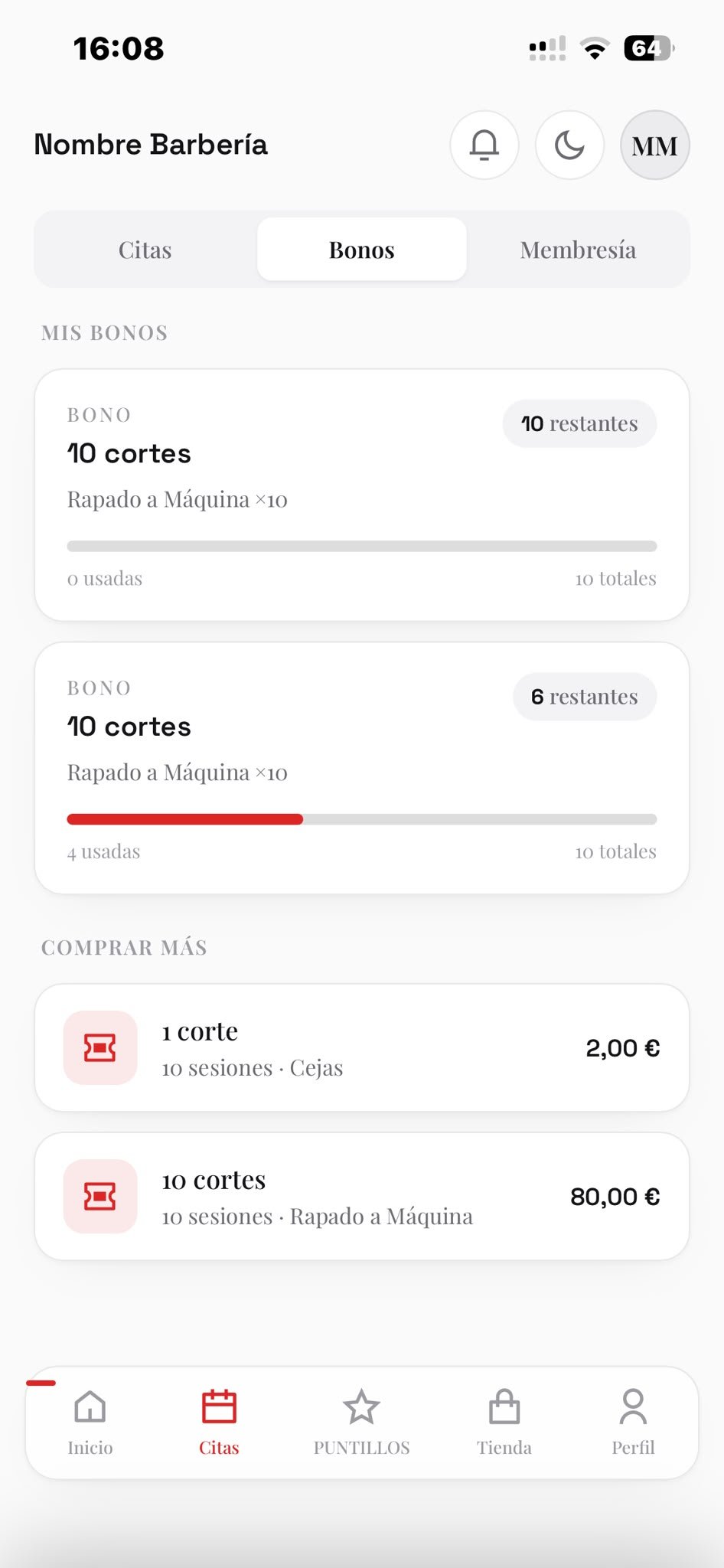 Bonos y packs de sesiones en la app del cliente