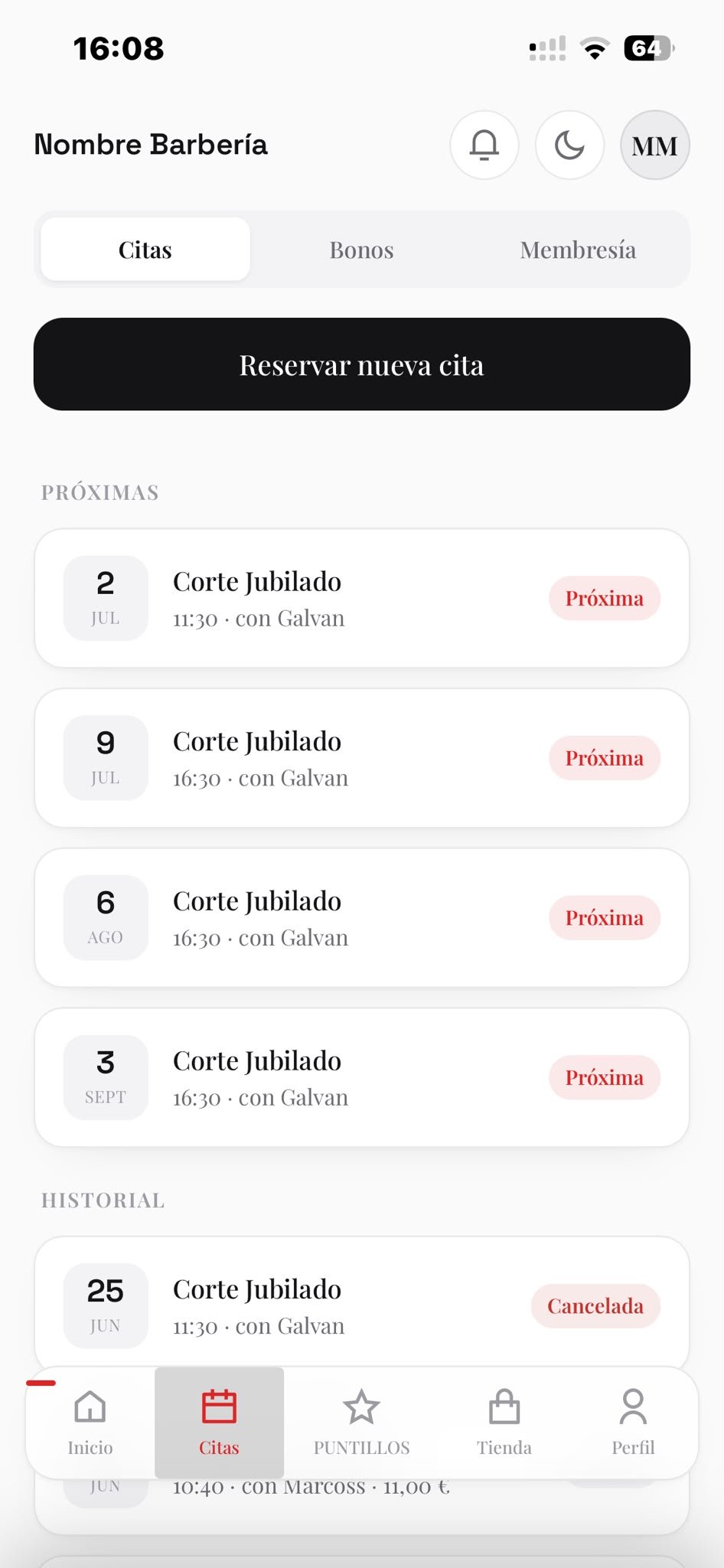 Las citas del cliente en la app de la barbería