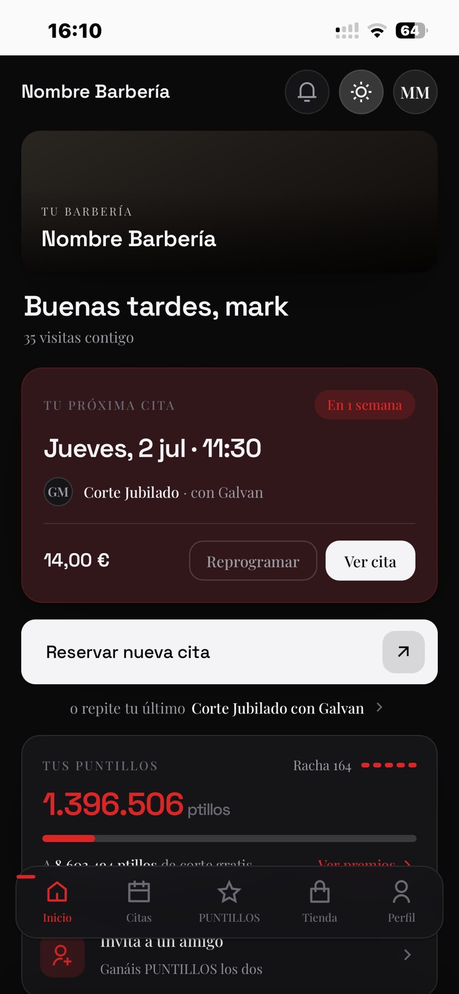 App del cliente en modo oscuro