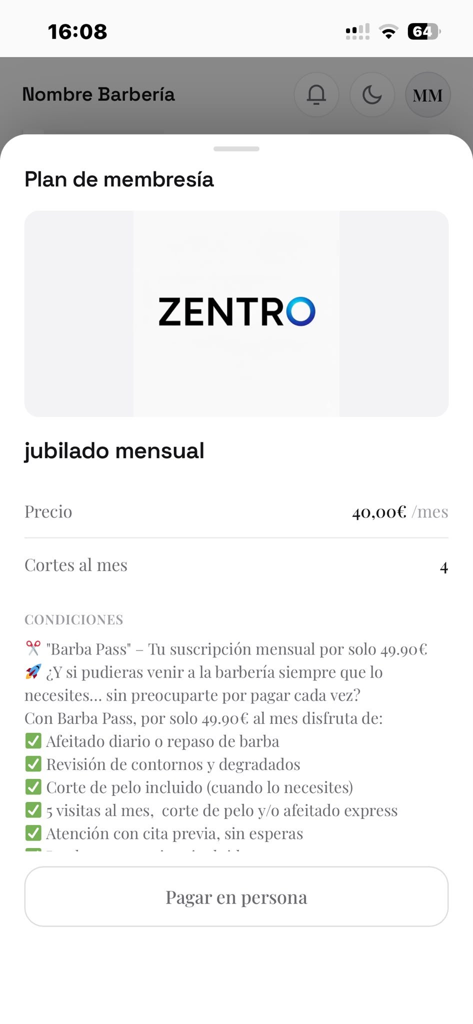 Membresía mensual en la app del cliente
