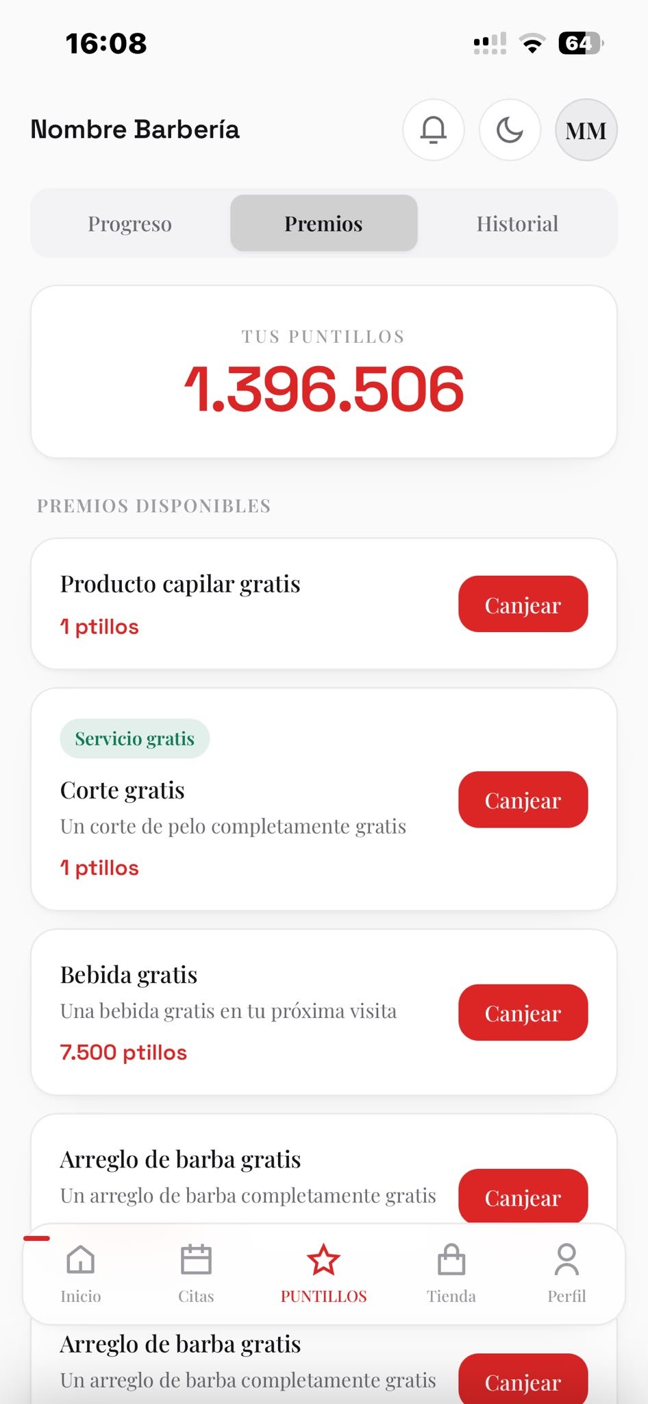 Premios canjeables por puntos