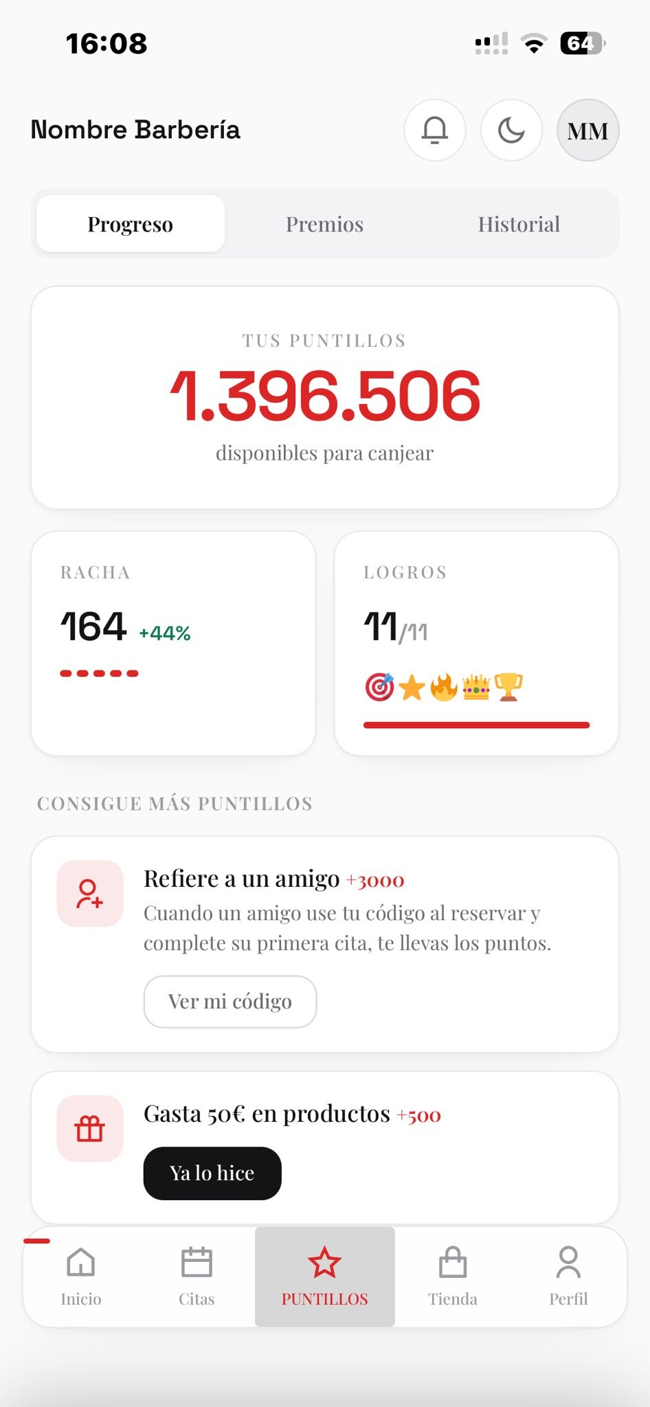 Puntos, racha y misiones en la app del cliente