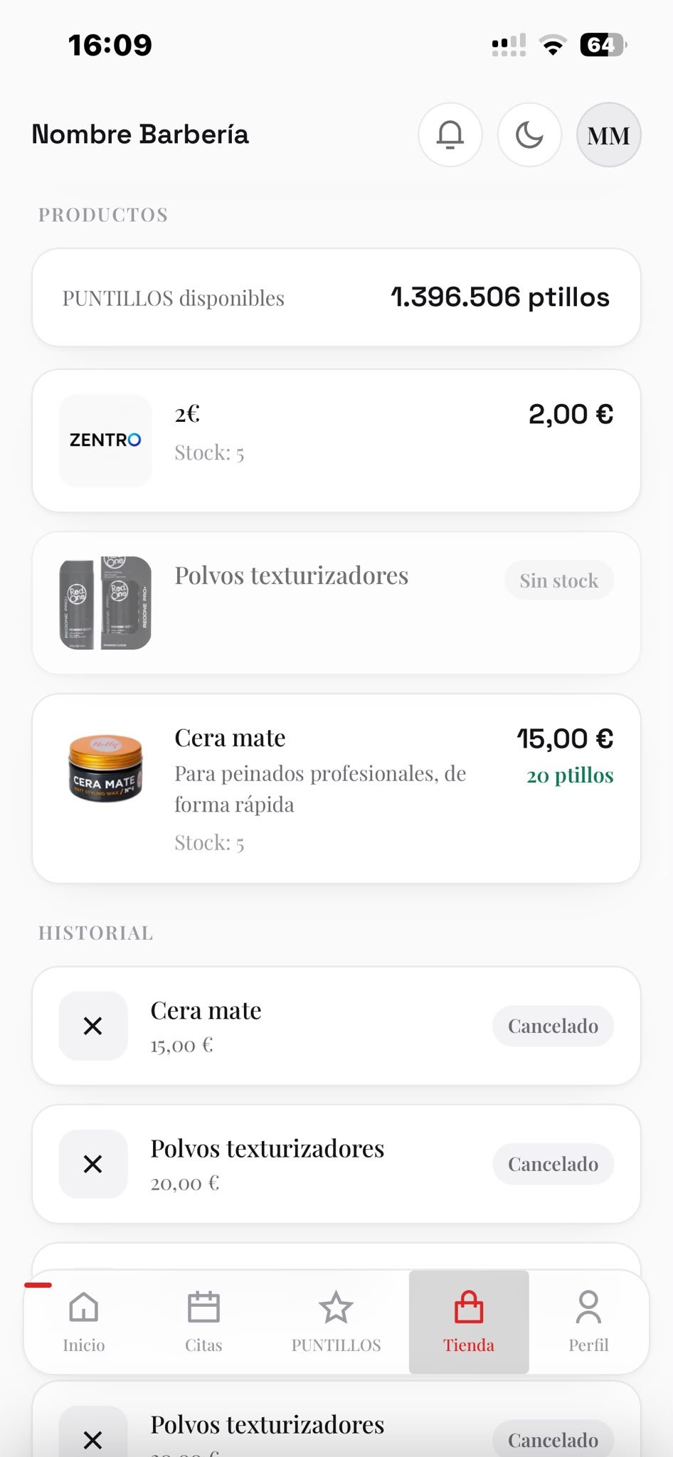 Tienda de productos en la app del cliente