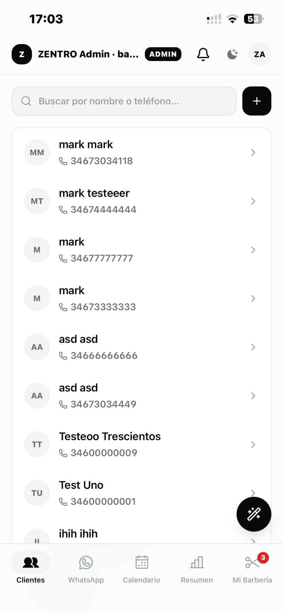 Ficha de cliente con historial en el panel de ZENTRO