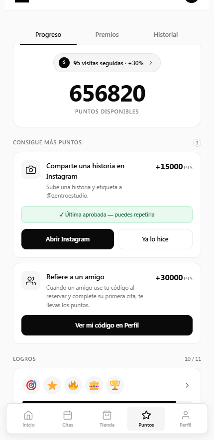 Puntos, racha y misiones de ZENTRO